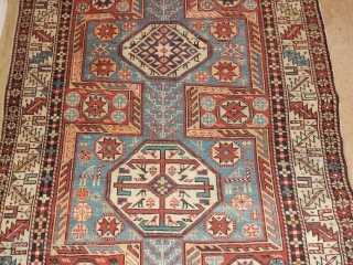 SHIRVAN WITH ALL NATURAL DYES-LOVELY SOFT BLUE FIELD AND MANY ANIMALS -SIZE OF  44 X 82 INCHES - AS FOUND WITH NO REPILING/REPAIRS -SLIGHT END LOSS= GOOD SIDES 
 ...  