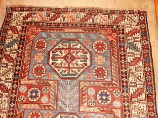 SHIRVAN WITH ALL NATURAL DYES-LOVELY SOFT BLUE FIELD AND MANY ANIMALS -SIZE OF  44 X 82 INCHES - AS FOUND WITH NO REPILING/REPAIRS -SLIGHT END LOSS= GOOD SIDES 
 ...  