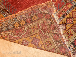 OLD ANATOLIAN RUG WITH THE BEST MELLOW DYES - BETTER THAN THIS PHOTO-
EXCELLENT PILE BUT SOME DAMAGE  AND END LOSS . ORIGINAL AS FOUND CONDITION -NO REPAIRS
$1150  INCL    ...