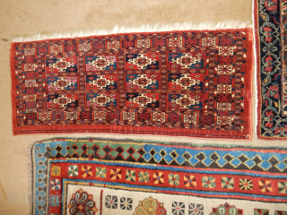KERMAN MAT SUPERB CONDITION $300. TEKKE MAFRASH SUPERB CONDITION $650 . TALISH RUG WITH WONDERFUL BLUE FIELD $1400. OLD OLD TEKKE 6 GUL TORBA WITH AVIGDOR TAG $750 .    