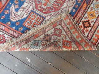 ANTIQUE KAZAK - EXCELLENT PILE - 3 MINOR SEWING REPAIRS - 4 X 8 FT SIZE- BOTH ENDS SECURED AS SHOWN - NEEDS A GOOD WASH 

$1250 OR BO    