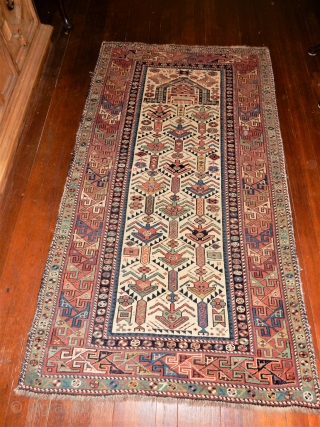 ..EASTERN CAUCASIAN COLLECTORS  -THIS IS FROM MY OWN COLLECTION - CLASSIC AKSTAFA PRAYER RUG WITH ALL GOOD DYES AND THE BEST COLORS - EXCELLENT PILE WITH NO WORN AREAS -
CRUDE REPAIR  ...