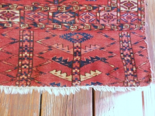 TEKKE TURKOMAN CHUVAL . GOOD AGE WITH SOME WEAR . NEEDS A GOOD WASHING . ALL GOOD COLORS.               