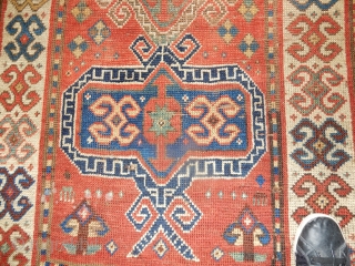 KAZAK PRAYER RUG - 3 X 6 FT- DECENT PILE AND CONDITION - ALL GOOD DYES -SIDES COVERED AS SHOWN - GOOD AGE -NICE GREEN AND BLUE DYES = A FEW SMALLISH  ...