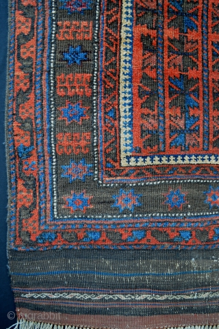 Found recently in an old English country house, this charming small Baluch rug has an unusual inner-field border piled in natural camel-hair and not ivory wool as is more the norm. The  ...