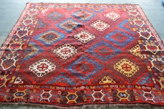 Rare Khirgyz carpet in square format. Good overall condition with some minor wear and brown-dye corrosion. 2.44m (8') square.              