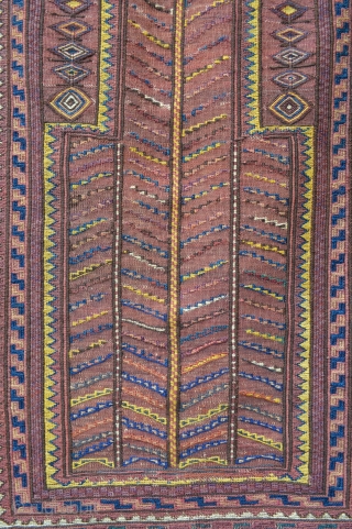 Rare and interesting plain-weave and soumak prayer-rug made by Kordi tribes in the Quchan region of north-east Iran circa 1900. In excellent condition.
1.22m x 0.74m (4' 0" x 2' 5").   