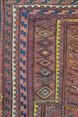 Rare and interesting plain-weave and soumak prayer-rug made by Kordi tribes in the Quchan region of north-east Iran circa 1900. In excellent condition.
1.22m x 0.74m (4' 0" x 2' 5").   