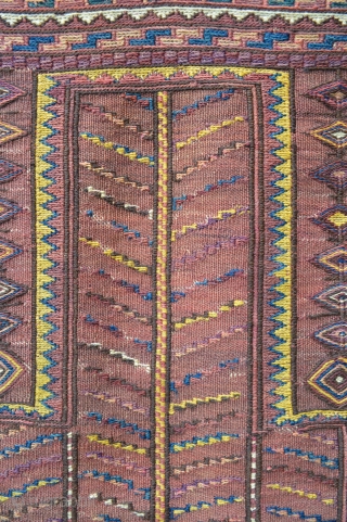 Rare and interesting plain-weave and soumak prayer-rug made by Kordi tribes in the Quchan region of north-east Iran circa 1900. In excellent condition.
1.22m x 0.74m (4' 0" x 2' 5").   