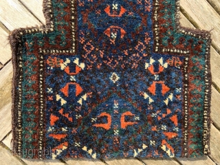 Rare and  beautiful 19th century Timuri namakdan with deep indigo-blue field and a wonderful use of green in the outer  'medakhyl' border. The bag is complete, knotted on both faces  ...