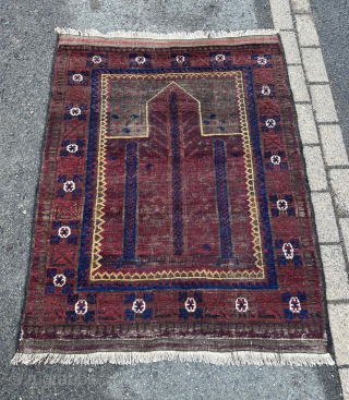 Early, rare Baluch prayer-rug 1.22 x 1.00m (4' 0" x 3' 3") western Afghanistan probably around mid 19th century and in overall good condition with corrosion around the mihrab.
Posted on my website  ...