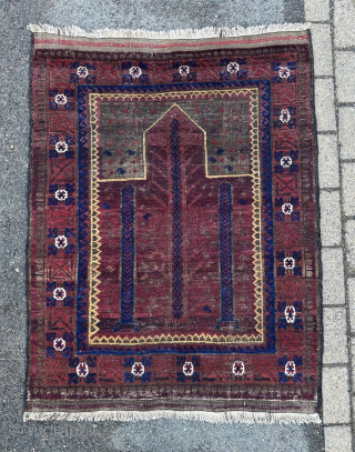Early, rare Baluch prayer-rug 1.22 x 1.00m (4' 0" x 3' 3") western Afghanistan probably around mid 19th century and in overall good condition with corrosion around the mihrab.
Posted on my website  ...