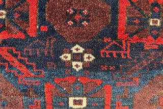 Glowing reds and blues in soft, glossy woollen-pile with stylised camels depicted in the centre of this 19th century bagface made by Timuri tribes. 76cm sq. (2'6" sq.)
Listed on my website www.brianmacdonaldantiquerugs.co.uk  ...