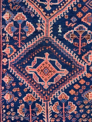 Unusual antique Luri rug of the Hayat Davood region, western Persia, incorporating charming stylized male and female nomads, in very good overall condition.
Size: 2.28 x 1.12m (7' 6" x 3' 8").  