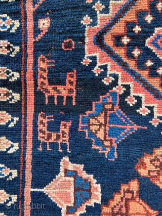 Unusual antique Luri rug of the Hayat Davood region, western Persia, incorporating charming stylized male and female nomads, in very good overall condition.
Size: 2.28 x 1.12m (7' 6" x 3' 8").  
