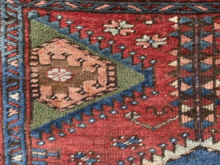 Interesting and unusual 19th century Kurdish rug in good but evenly-low pile all over.
Great natural colours and fairly coarse weave - a truly tribal rug in every sense.
1.30 x 1.14m (4’ 3”  ...
