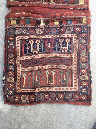 A complete pair of double Kamseh Sumak bags measuring 2'1" x 4''5" from the 3rd quarter of the 19th century in excellent condition. The bird motifs and central panel is further enhanced  ...