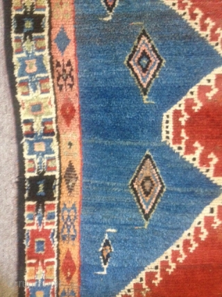 Brian Morehouse:
19th century Gabbeh rug, 76"x 47": A striking Gabbeh rug with an interesting detailed star border; main design format also found on some Qashqai Kilims; wonderful array of colors (all vegetable  ...