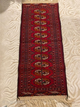 Made in turkmenistan (Handmade) with Goat Hair 
age:70 Years
Dimensions:130 cm x 53 cm = 0,68 m2
For the Contact:dzahiroglu@outlook.com               