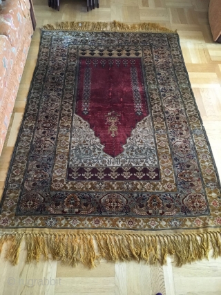 Turkish/Armenian full silk prayer rug, c. 1850-1900, signed in Armenian as "Orp (Orphan)" on top of the mihrab. Probably from Agin(Kemaliye) or Hajin(near Kayseri) Armenian Orphanage of Ottoman Empire. 190cm x 127cm.  ...