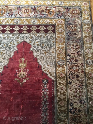 Turkish/Armenian full silk prayer rug, c. 1850-1900, signed in Armenian as "Orp (Orphan)" on top of the mihrab. Probably from Agin(Kemaliye) or Hajin(near Kayseri) Armenian Orphanage of Ottoman Empire. 190cm x 127cm.  ...