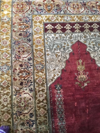 Turkish/Armenian full silk prayer rug, c. 1850-1900, signed in Armenian as "Orp (Orphan)" on top of the mihrab. Probably from Agin(Kemaliye) or Hajin(near Kayseri) Armenian Orphanage of Ottoman Empire. 190cm x 127cm.  ...