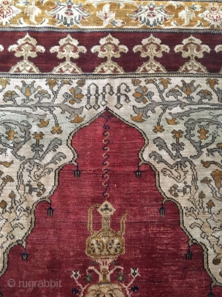 Turkish/Armenian full silk prayer rug, c. 1850-1900, signed in Armenian as "Orp (Orphan)" on top of the mihrab. Probably from Agin(Kemaliye) or Hajin(near Kayseri) Armenian Orphanage of Ottoman Empire. 190cm x 127cm.  ...