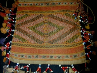 Timorese Betel-nut Bag (Aluk). Early 20th Century. Antoni people. Cotton flatweave and supplementary weft wrapping with glass beads, bamboo, and horsehair. 15 x 14 cms excluding strap and hair.    