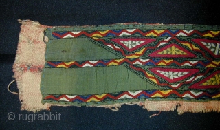 Tekke Turkmen Green Background Silk Embroidered Collar Band. Late 19th c. 109 x 8 cms.                  