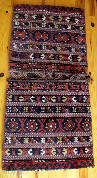 Uzbek/Kyrgyz Double Bag. This unusual khorjin is in mixed technique. Early 20th c. Excellent condition. 120 x 57 cms.              