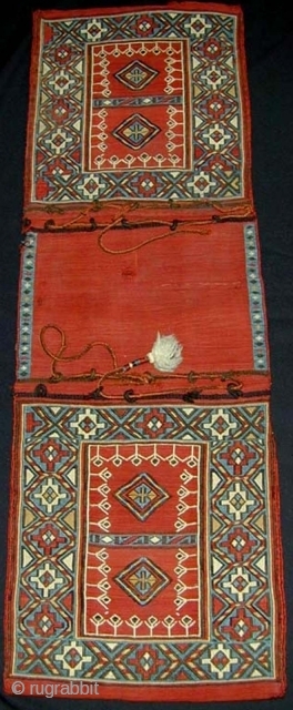 Shahsavan Sumak Khorjin (double bag). South Caucasus.Late 19th c. Unusual central Panel. All natural colors. Complete. 107 x 35 cms.             