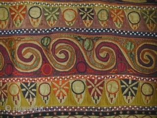 

Old Festival Bullock Cover (Jhul). Saurashtra, Gujarat, India. Silk floss embroidery, beads, cotton and silk applique.106 x 76 cms. Excellent condition.            