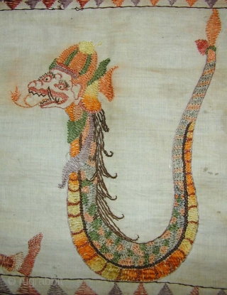 Balinese Valence for a Temple or Pavillion (ider-ider). Fine example of the type, depicting scenes from the Ramayana. Embroidery - silk floss on cotton. 344x29 cms. First half 20th c.   