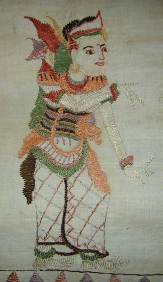 Balinese Valence for a Temple or Pavillion (ider-ider). Fine example of the type, depicting scenes from the Ramayana. Embroidery - silk floss on cotton. 344x29 cms. First half 20th c.   