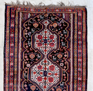Luri rug, late 19th c. 145 x 338 cm. Brilliant saturated and contrasting colors and very pleasent design. Low pile to lower end but not dramatic. Nice checkered polychrome end kilims. Good  ...