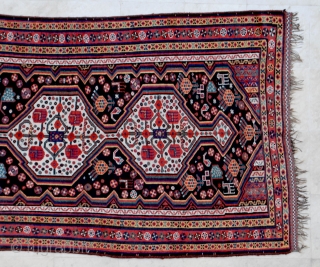 Luri rug, late 19th c. 145 x 338 cm. Brilliant saturated and contrasting colors and very pleasent design. Low pile to lower end but not dramatic. Nice checkered polychrome end kilims. Good  ...