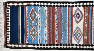 Long Saveh kilim, first half 20th c. 97 x 343 cm. Cotton white and light blue. Very light stain in one place, otherwise in excellent condition with no repaies.    