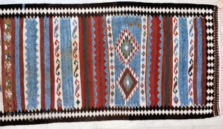 Long Saveh kilim, first half 20th c. 97 x 343 cm. Cotton white and light blue. Very light stain in one place, otherwise in excellent condition with no repaies.    