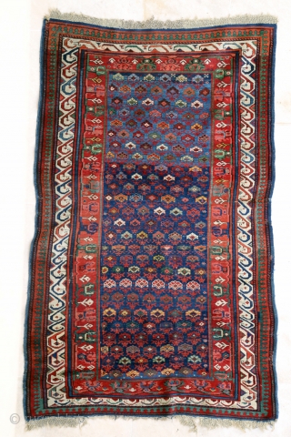 Antique Caucasian Seychour, ca 1870. 111 x 179 cm ,Original selvages and upper end, some fraying to lower end. Some spots of low pile. Corroded black. Excellent colours.     