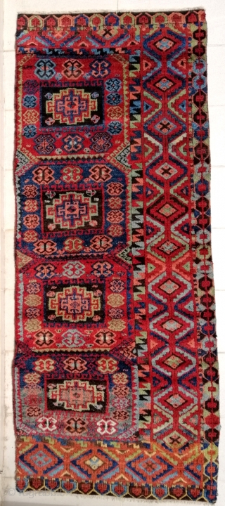 Antique Sivas area divān cover , C. Anatolia. 97 x 238 cm. (3'3" x 7'11"). Missing overcast and stabilized sides, high pile in general, oxidized brown, few small repiling, ends warp-spun rewoven,  ...