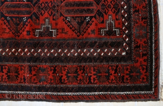 Baluch, ca. 1900-10, 110 x 190 cm. One of the nicest bearing this design. Many types of gazelles in the field. Excellent red background.Deep black-corrosion, otherwise general good condition.    