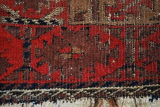 Antique Baluch, 19th c. 70 x 129 cm. Very good colors. Uneven wear. Deeply corroded black and a relatively high (embossed like and thick) camel and plum that make one wonder about  ...