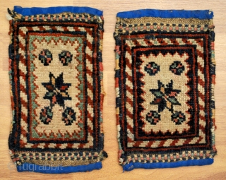 A pair of Quchan Kordi pan-holders, approx. 17 x 27 cm each, good condition, all good colours. Blue fabric added to ends. Goat smelling, would bear a good cleaning.    