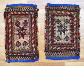 A pair of Quchan Kordi pan-holders, approx. 17 x 27 cm each, good condition, all good colours. Blue fabric added to ends. Goat smelling, would bear a good cleaning.    