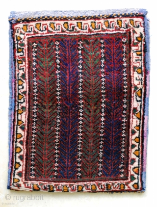 Small Afshar vanity -or spindle- bag (Dehaj area), ca. 1930. Unsewn to show both sides, 30 x 39 cm. Excellent condition.            