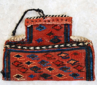 Afshar "tutundan" (tobacco/opium pouch), 26 x 18 cm (11" x 7") with opened flap. All wool in very good condition.             