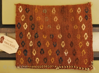 Antique small Qashqai bag, 30 x 25 cm. All wool. Slightly weak texture upper right corner. sewn on canvas and framed with massive hard wood. Could be easily detached and sold alone. 