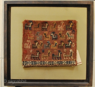 Antique small Qashqai bag, 30 x 25 cm. All wool. Slightly weak texture upper right corner. sewn on canvas and framed with massive hard wood. Could be easily detached and sold alone. 