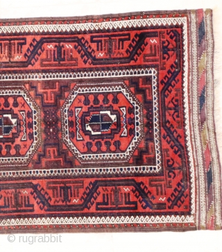 Antique plum ground Baluch, 87 x 162 cm (1'11" x 5'5") incl.end kilims. 2 quite small good repairs, browns corrosion, good condition otherwise.          