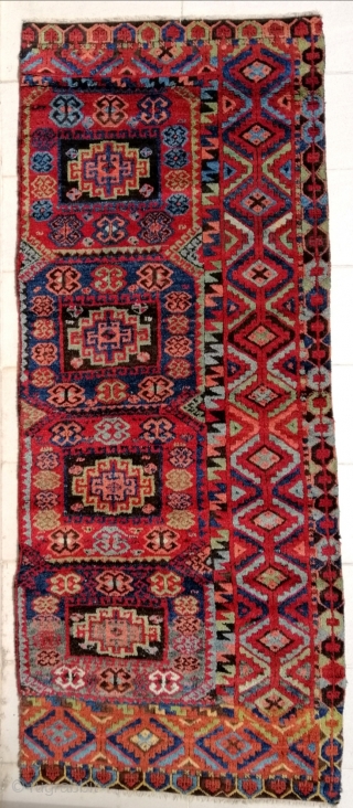 Antique Sivas area divān cover , C. Anatolia. 97 x 238 cm. (3'3" x 7'11"). Missing overcast and stabilized sides, high pile in general, oxidized brown, few small repiling, ends warp-spun rewoven,  ...